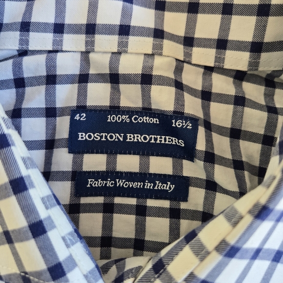 BOSTON BROTHERS White and Navy Plaid Shirt,Fabric Made in Italy - Picture 9 of 11